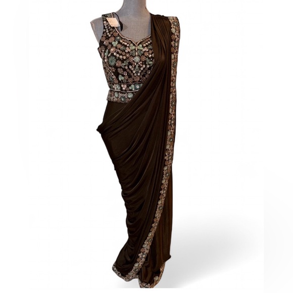 Embellished Pre-Stitched Saree Gown Brown Lycra Drape Saree